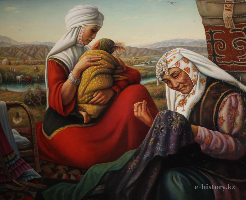 Мен әжем. Картины казахстанских художников. Казахская семья картина. Әжелер картина.