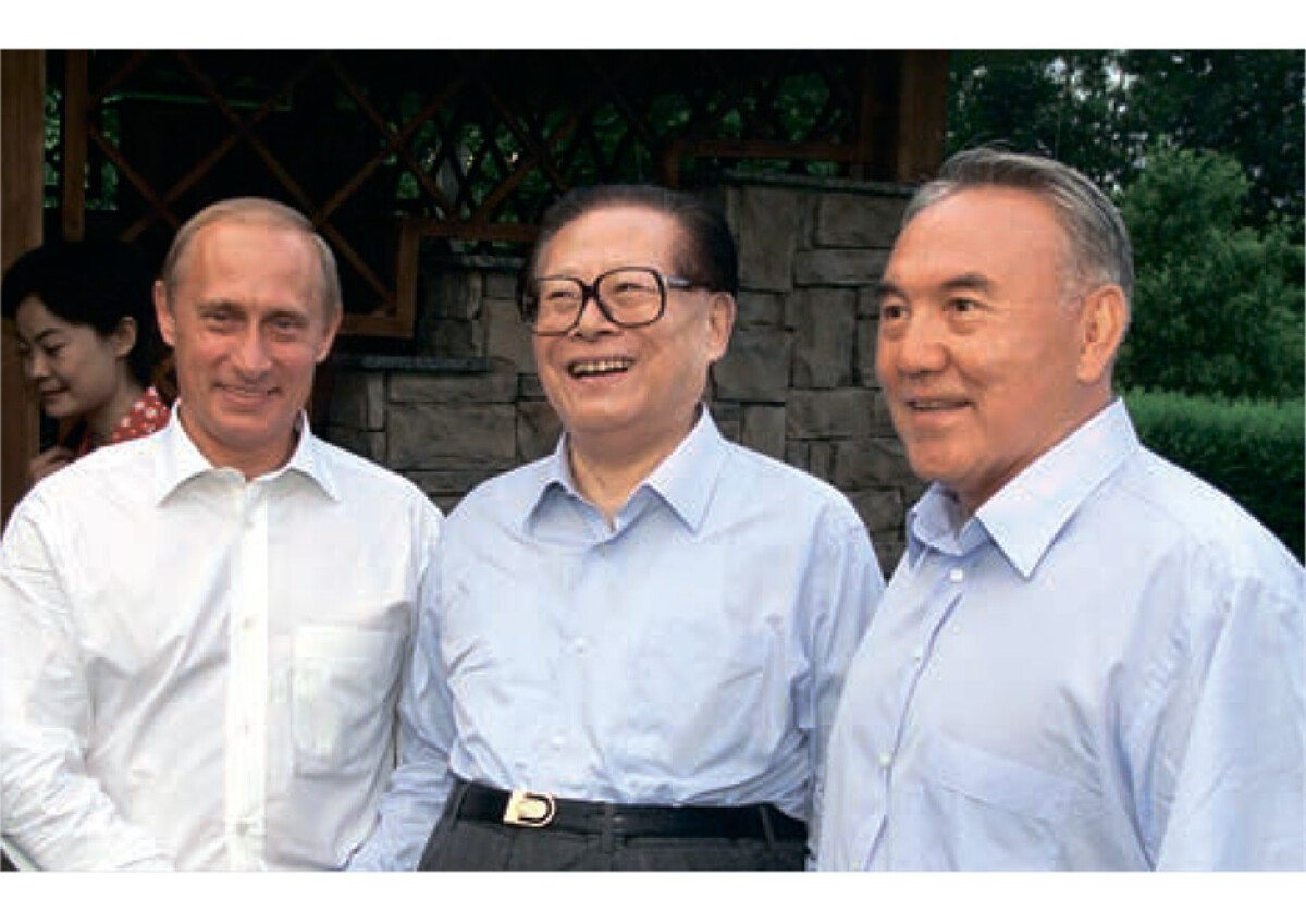 Great neighbors. Nursultan Nazarbayev with Jiang Zemin and Vladimir Putin  - e-history.kz